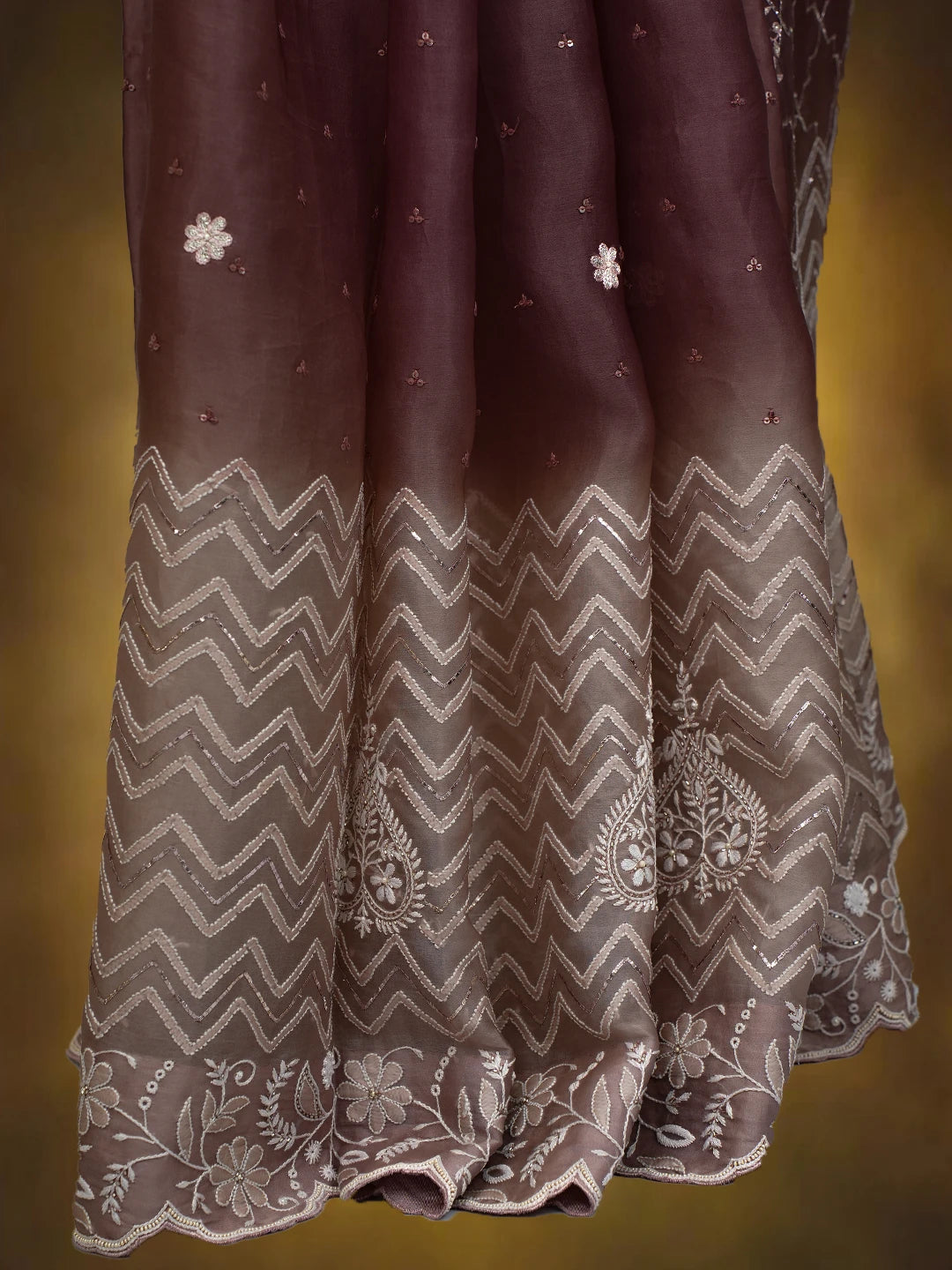 Ada Hand Embroidered Ombre Shade of Tea Rose Pink & Rose Taupe Pink Organza Lucknowi Chikankari Saree With Blouse And Cutdana Work 01A401416