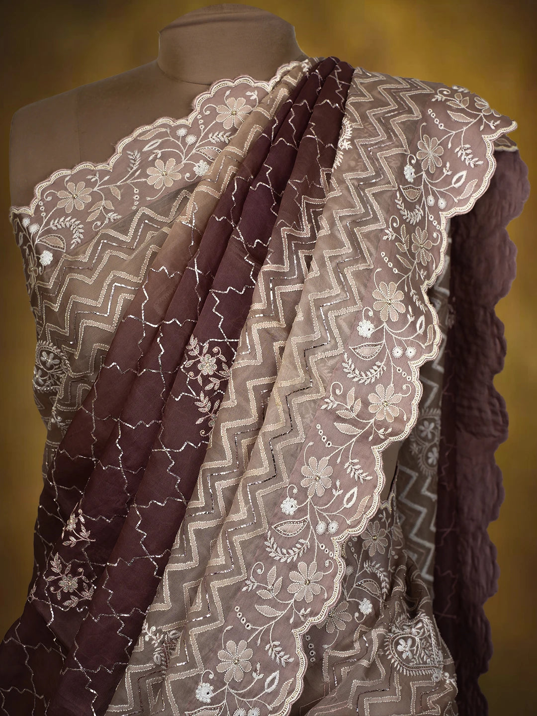 Ada Hand Embroidered Ombre Shade of Tea Rose Pink & Rose Taupe Pink Organza Lucknowi Chikankari Saree With Blouse And Cutdana Work 01A401416