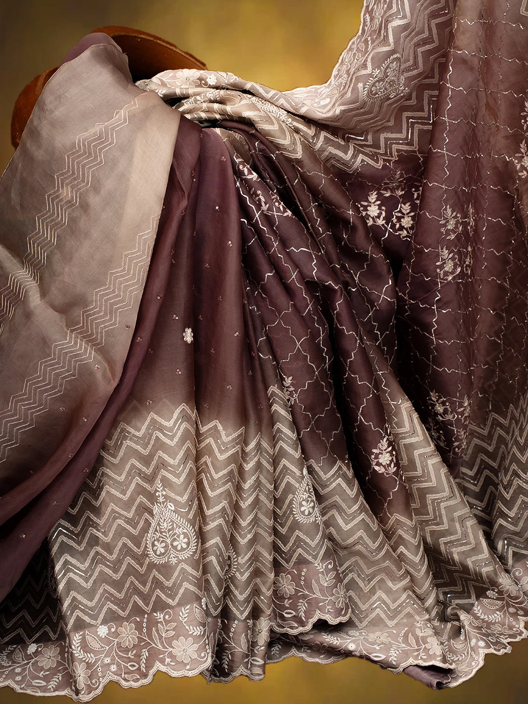 Ada Hand Embroidered Ombre Shade of Tea Rose Pink & Rose Taupe Pink Organza Lucknowi Chikankari Saree With Blouse And Cutdana Work 01A401416