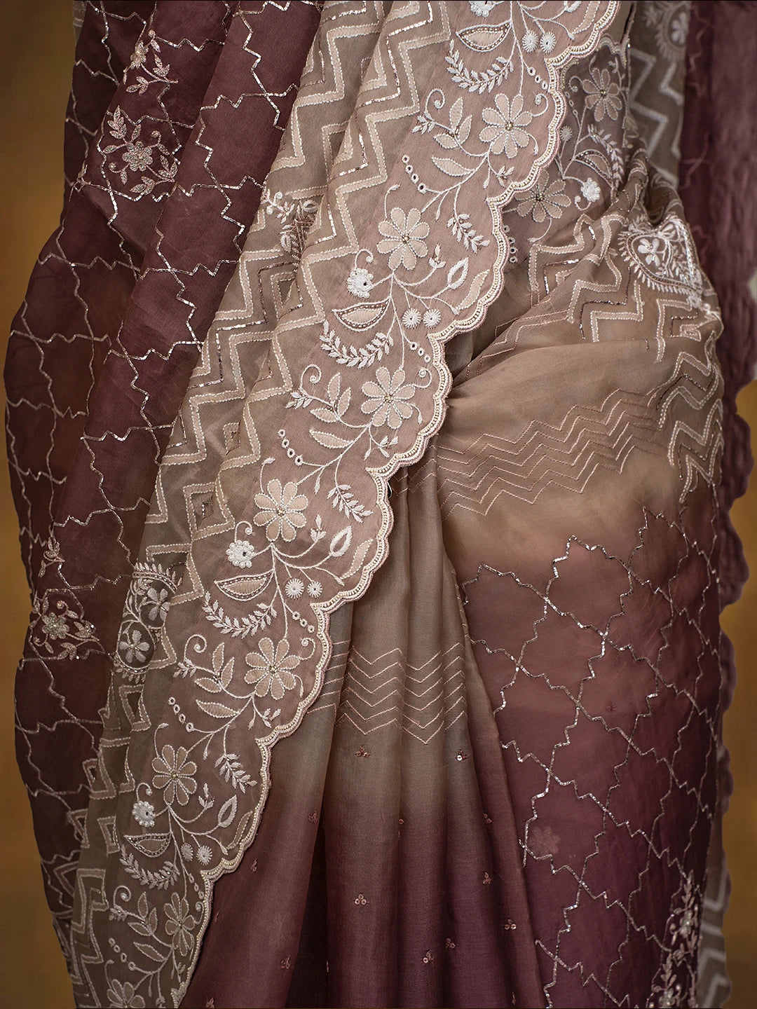 Ada Hand Embroidered Ombre Shade of Tea Rose Pink & Rose Taupe Pink Organza Lucknowi Chikankari Saree With Blouse And Cutdana Work 01A401416
