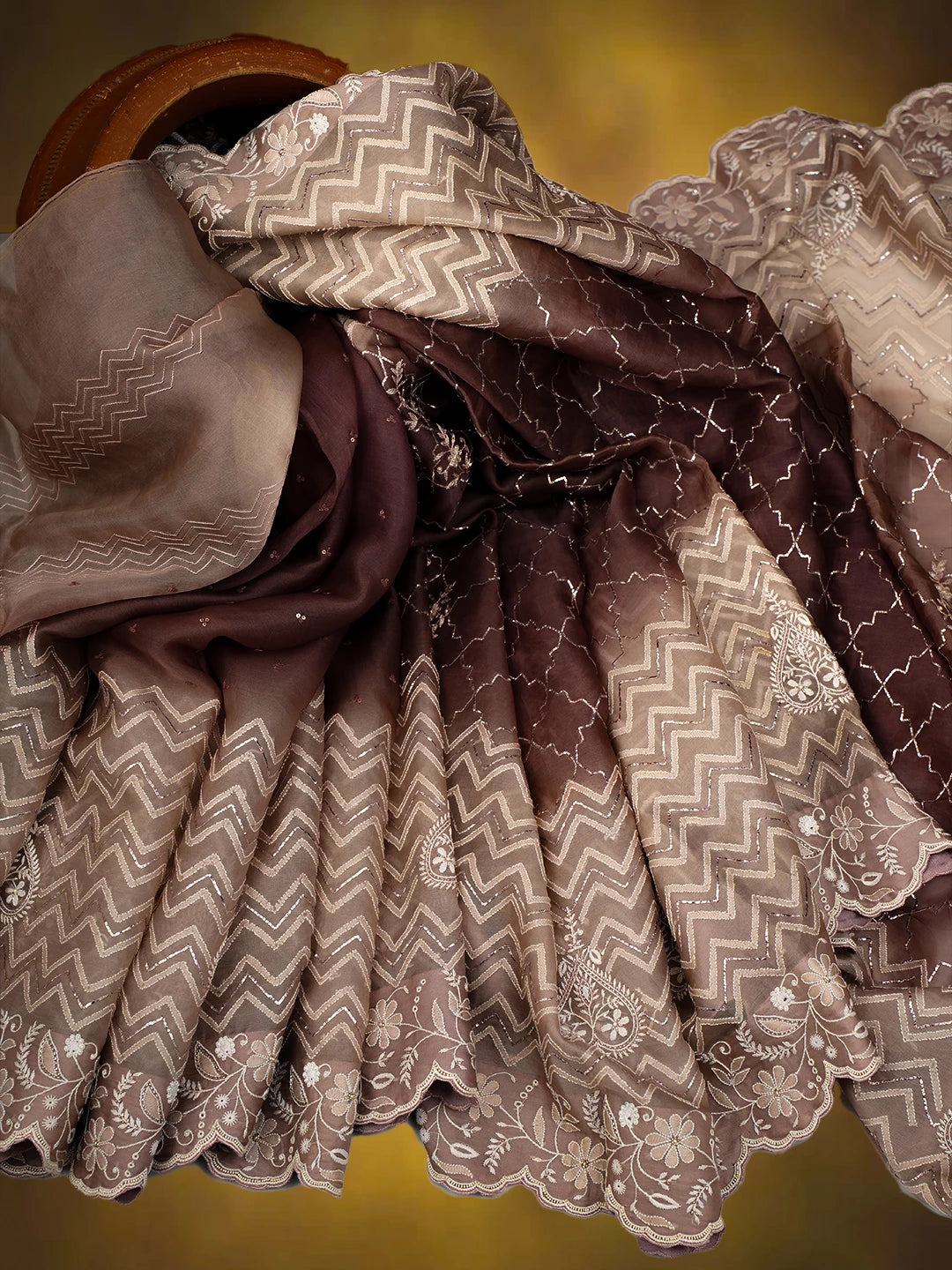 Ada Hand Embroidered Ombre Shade of Tea Rose Pink & Rose Taupe Pink Organza Lucknowi Chikankari Saree With Blouse And Cutdana Work 01A401416