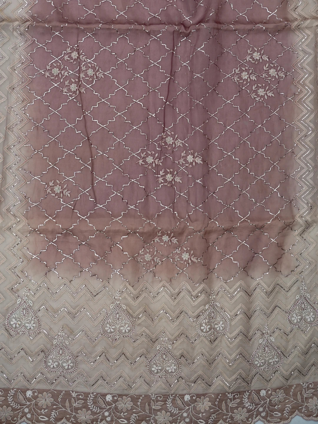 Ada Hand Embroidered Ombre Shade of Tea Rose Pink & Rose Taupe Pink Organza Lucknowi Chikankari Saree With Blouse And Cutdana Work 01A401416