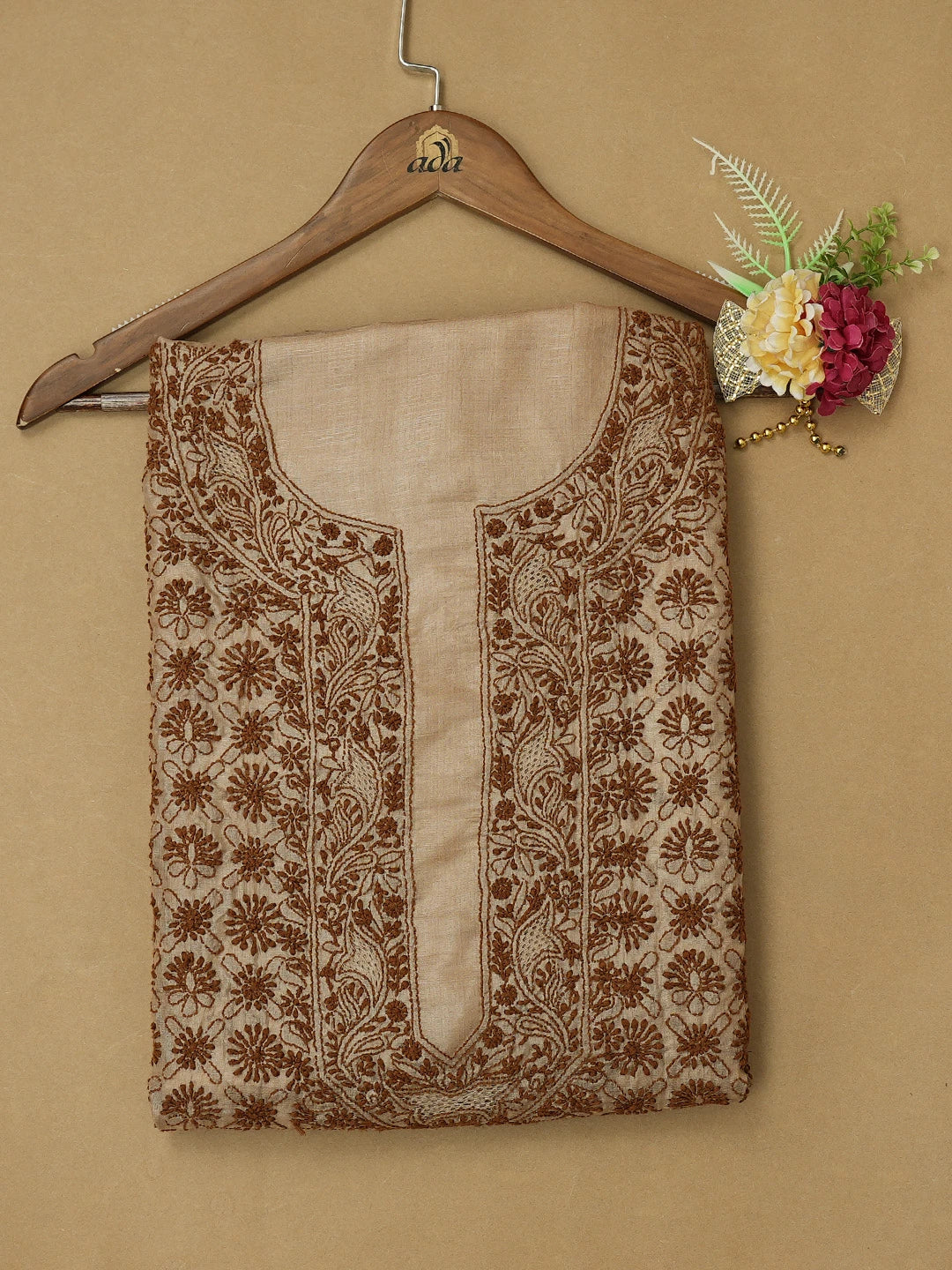 Ada Hand Embroidered Raw Umber Brown Silk Lucknowi Chikankari Unstitched Kurta Piece 01A464821