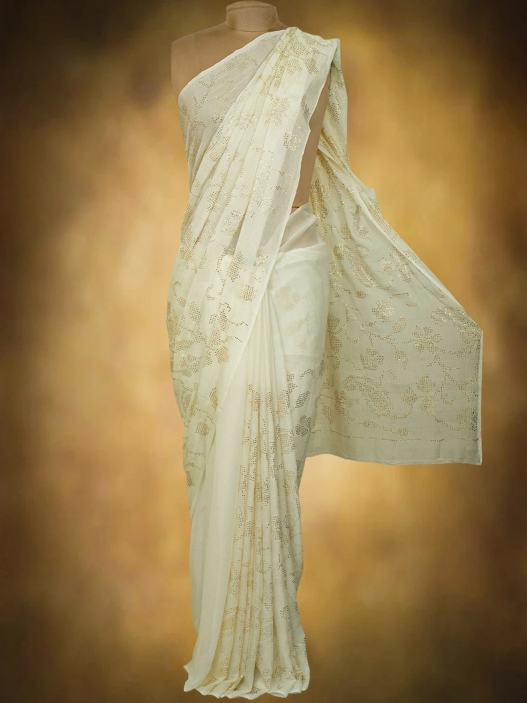 Ada Hand Embroidered White Chiffon Lucknowi Saree and Blouse With Muqaish Work 01A726096