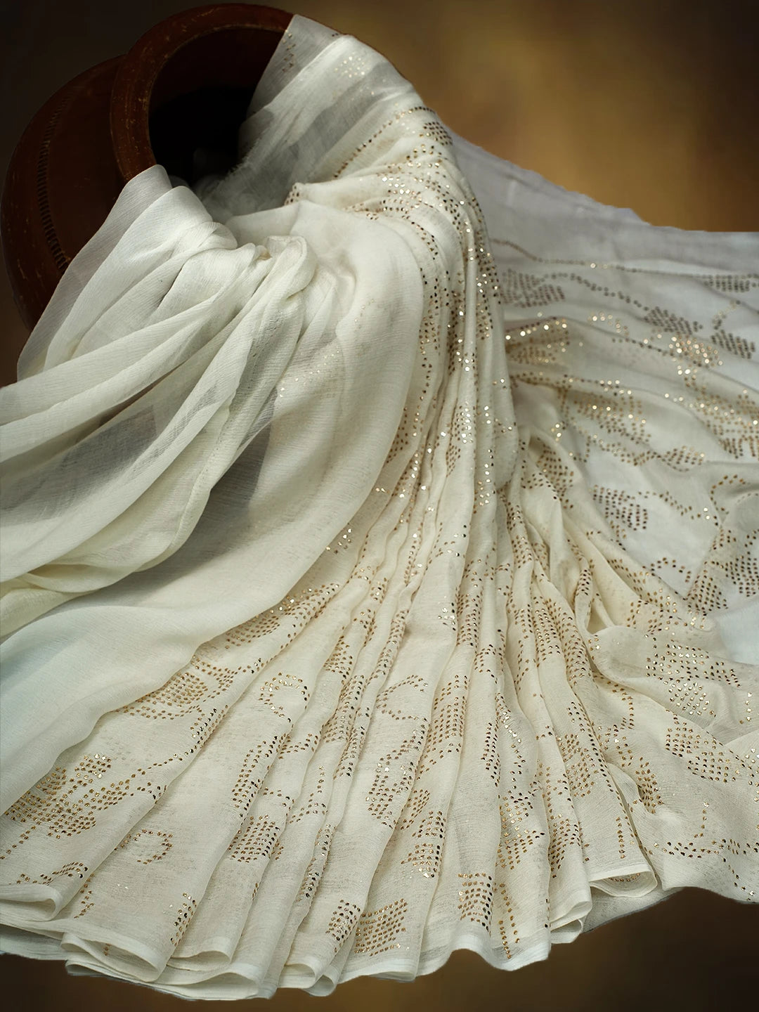 Ada Hand Embroidered White Chiffon Lucknowi Saree and Blouse With Muqaish Work 01A726096