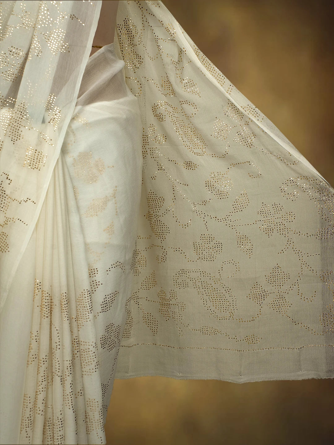 Ada Hand Embroidered White Chiffon Lucknowi Saree and Blouse With Muqaish Work 01A726096