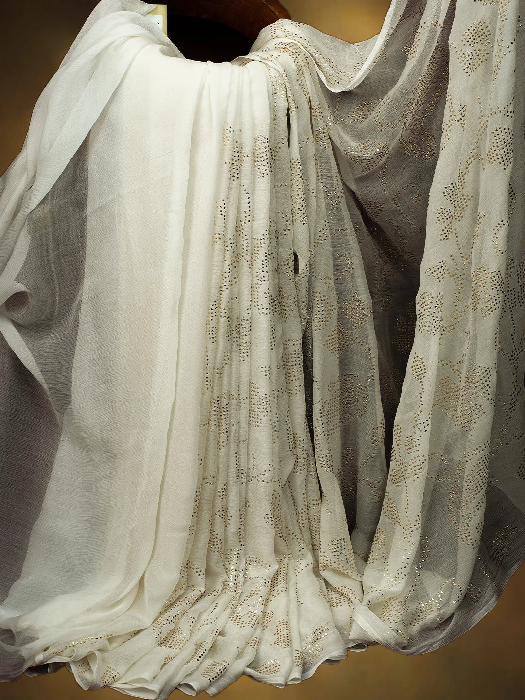 Ada Hand Embroidered White Chiffon Lucknowi Saree and Blouse With Muqaish Work 01A726096