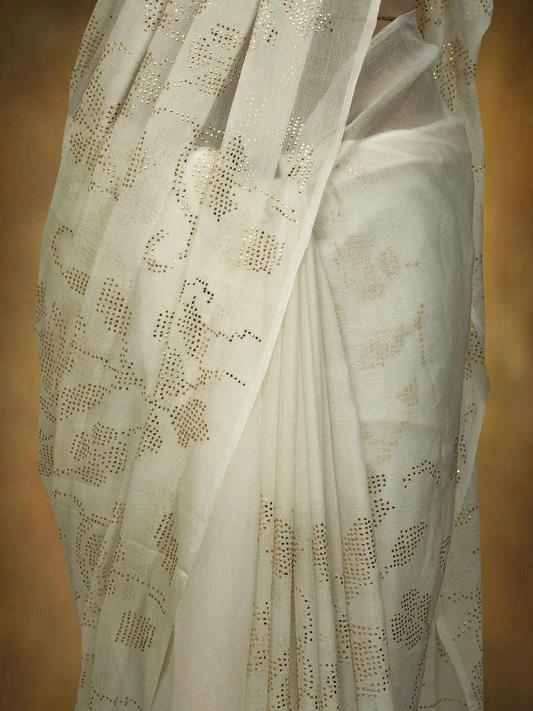Ada Hand Embroidered White Chiffon Lucknowi Saree and Blouse With Muqaish Work 01A726096