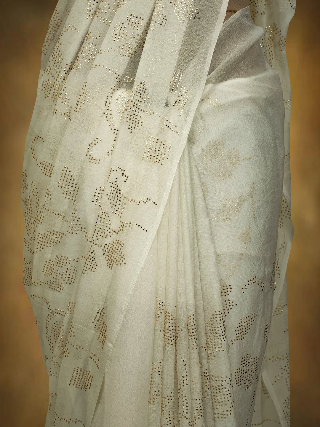 Ada Hand Embroidered White Chiffon Lucknowi Saree and Blouse With Muqaish Work 01A726096