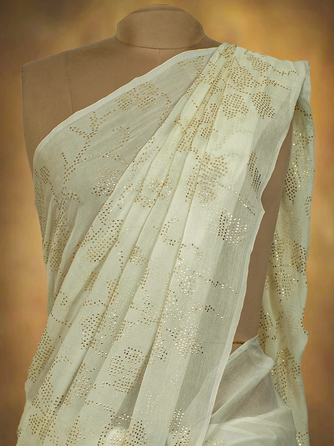 Ada Hand Embroidered White Chiffon Lucknowi Saree and Blouse With Muqaish Work 01A726096