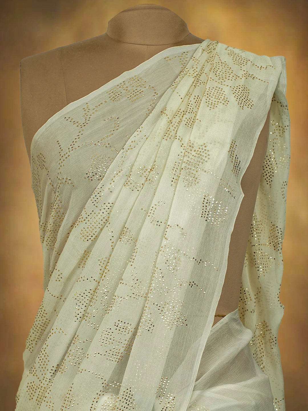 Ada Hand Embroidered White Chiffon Lucknowi Saree and Blouse With Muqaish Work 01A726096