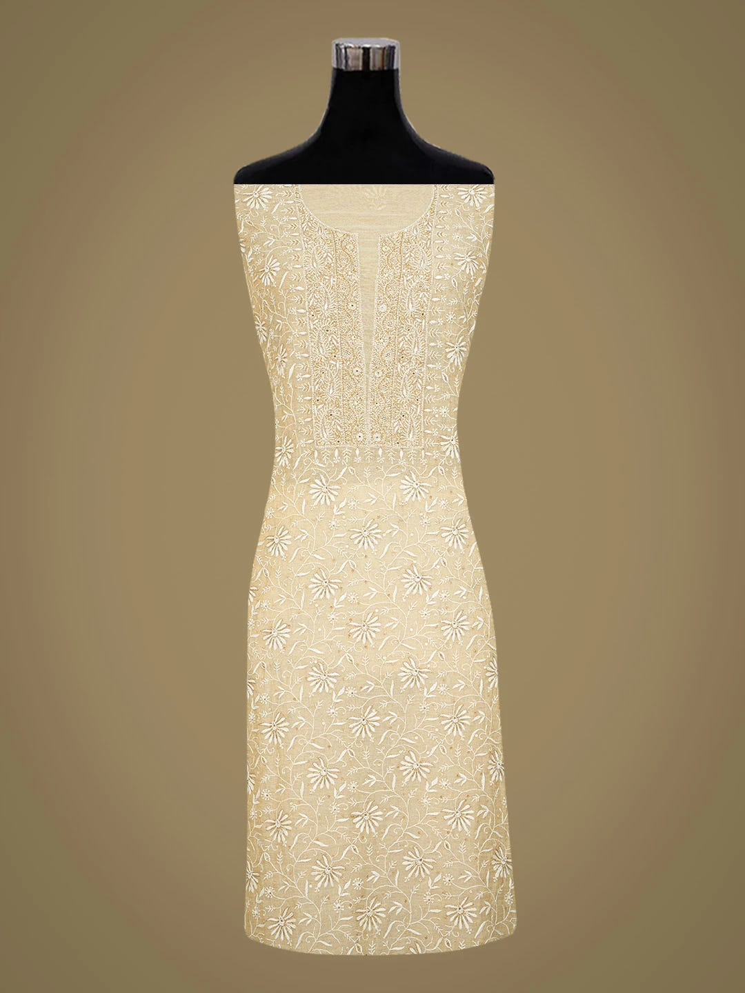 Ada Hand Embroidered Fawn Tissue Lucknowi Chikankari Unstitched Kurta Dupatta Set With Cutdana Work 01A653794