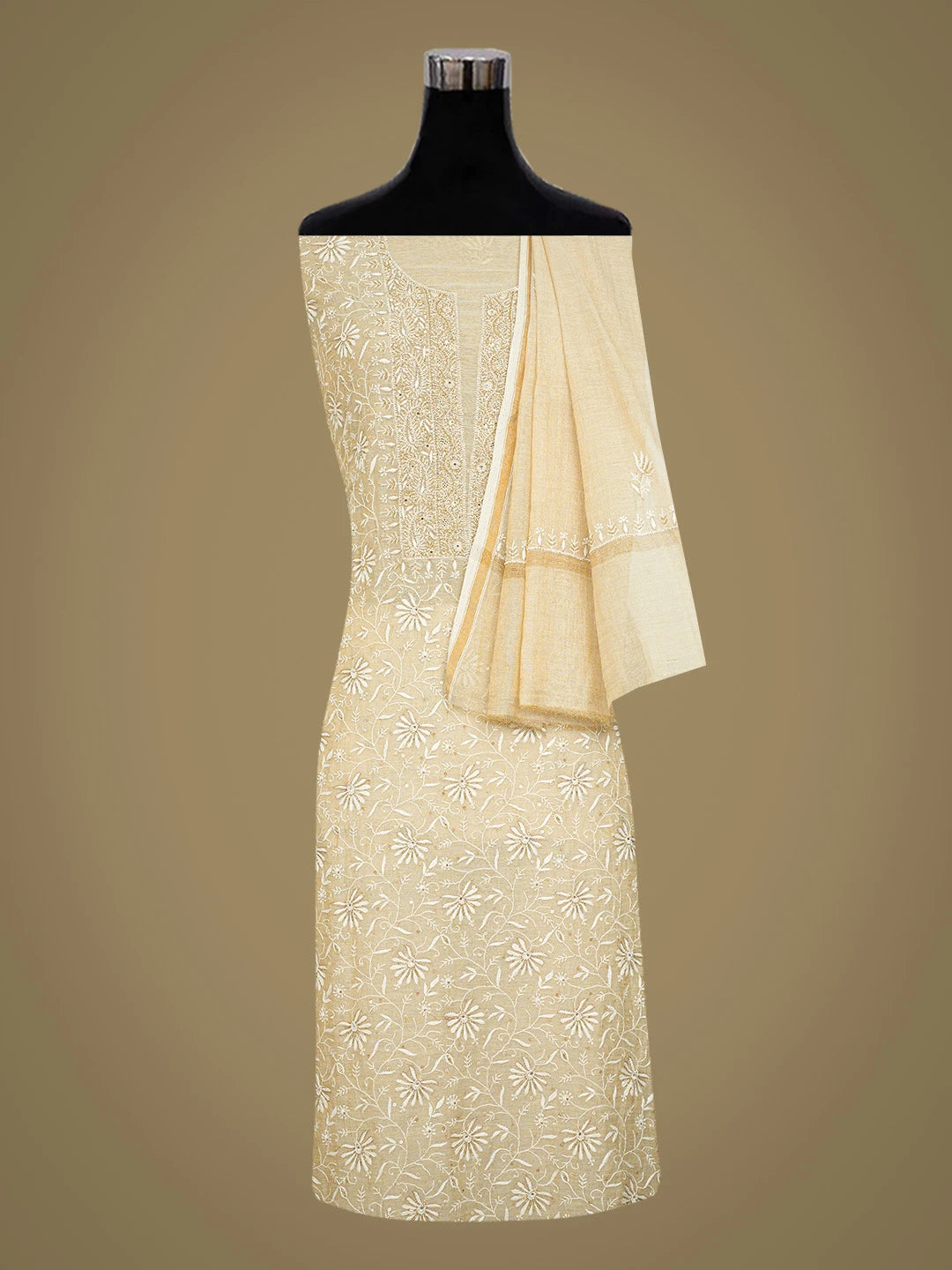 Ada Hand Embroidered Fawn Tissue Lucknowi Chikankari Unstitched Kurta Dupatta Set With Cutdana Work 01A653794