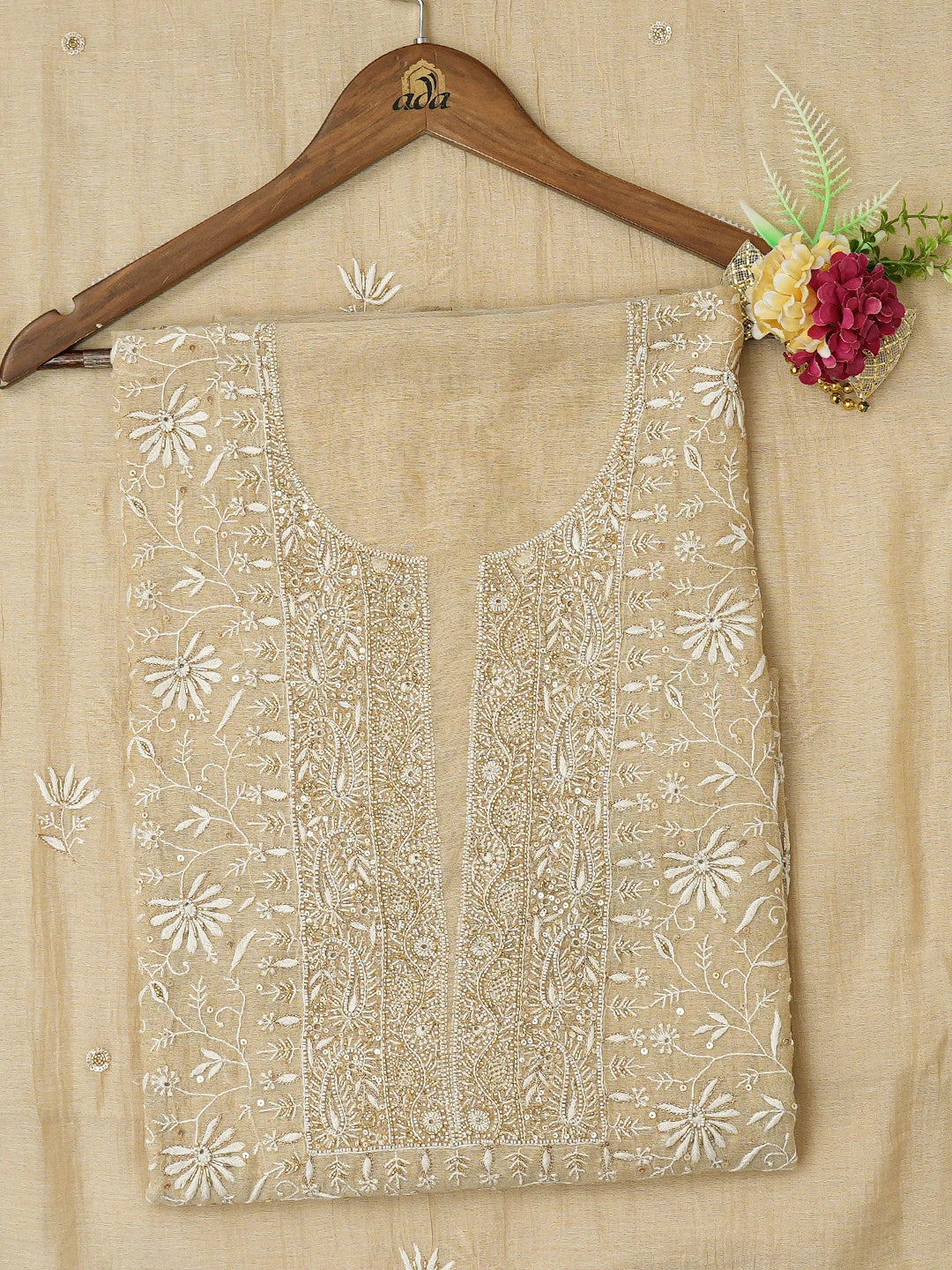 Ada Hand Embroidered Fawn Tissue Lucknowi Chikankari Unstitched Kurta Dupatta Set With Cutdana Work 01A653794