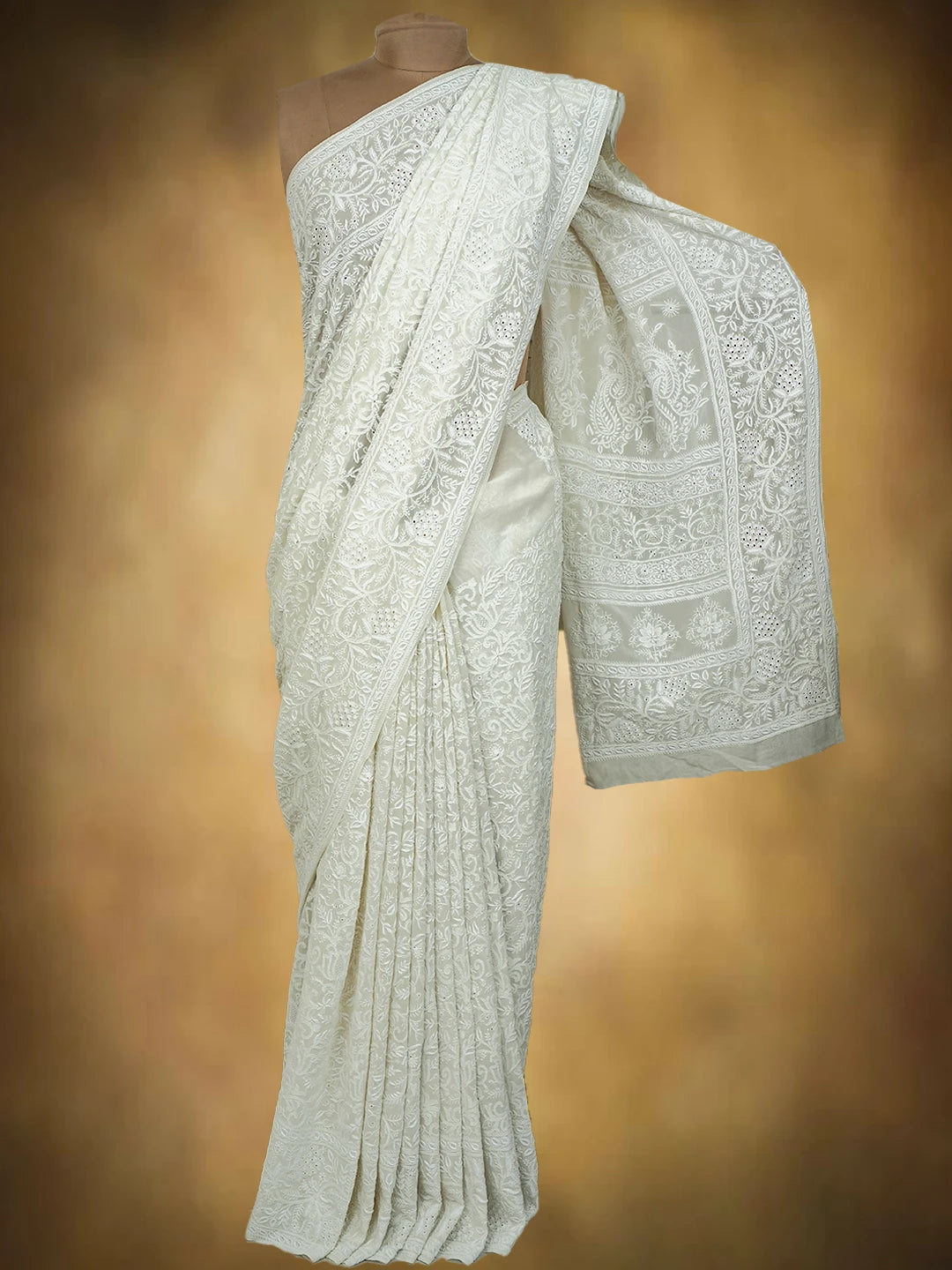 Ada Hand Embroidered White Pure Georgette Lucknowi Chikankari Saree and Blouse 01A616438