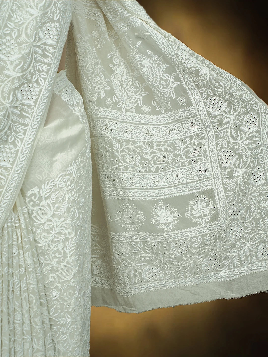 Ada Hand Embroidered White Pure Georgette Lucknowi Chikankari Saree and Blouse 01A616438