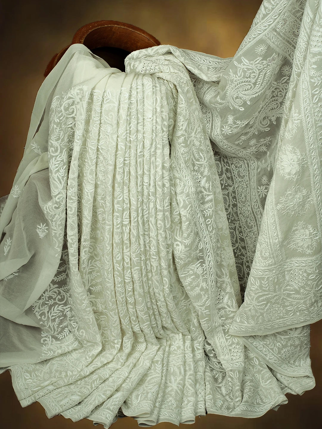 Ada Hand Embroidered White Pure Georgette Lucknowi Chikankari Saree and Blouse 01A616438