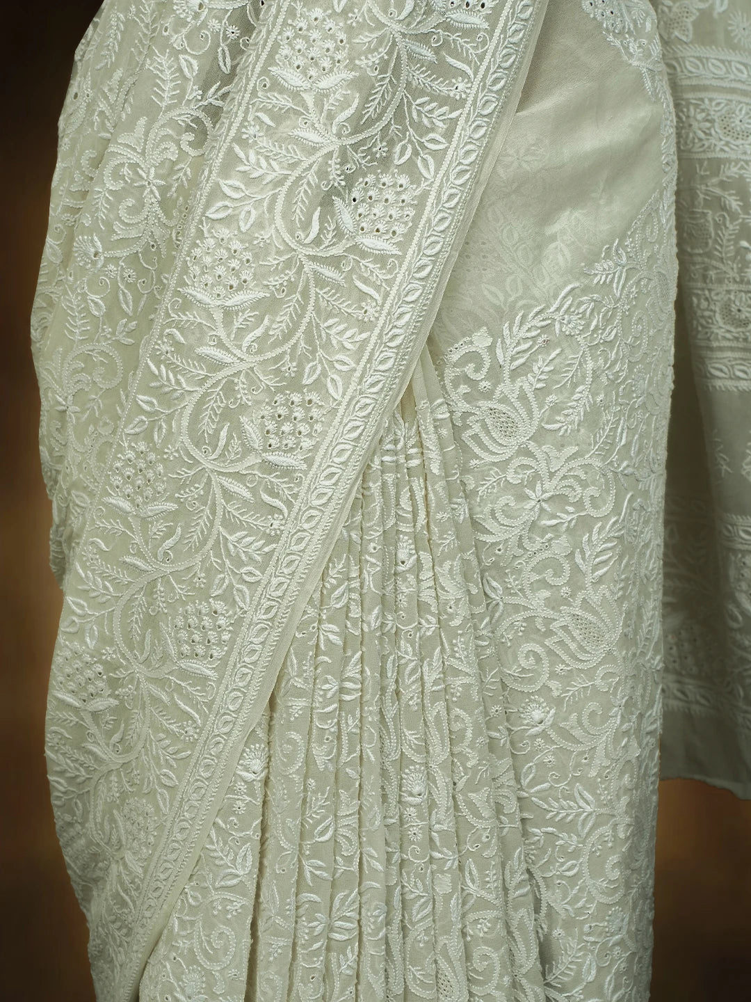 Ada Hand Embroidered White Pure Georgette Lucknowi Chikankari Saree and Blouse 01A616438