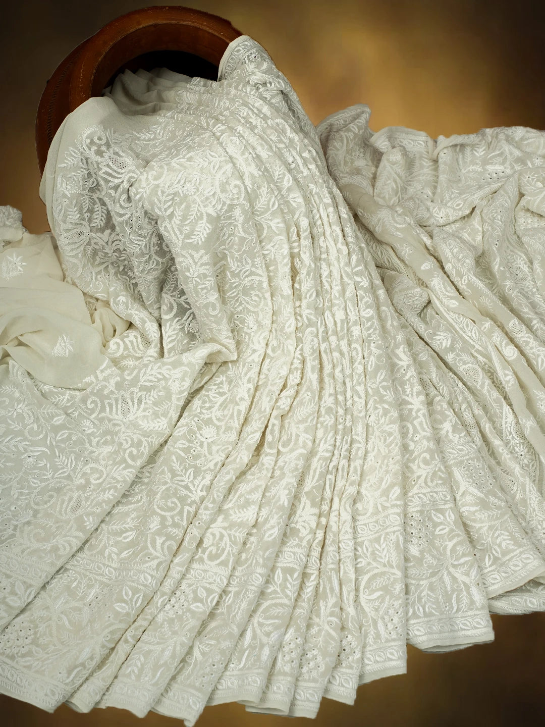 Ada Hand Embroidered White Pure Georgette Lucknowi Chikankari Saree and Blouse 01A616438