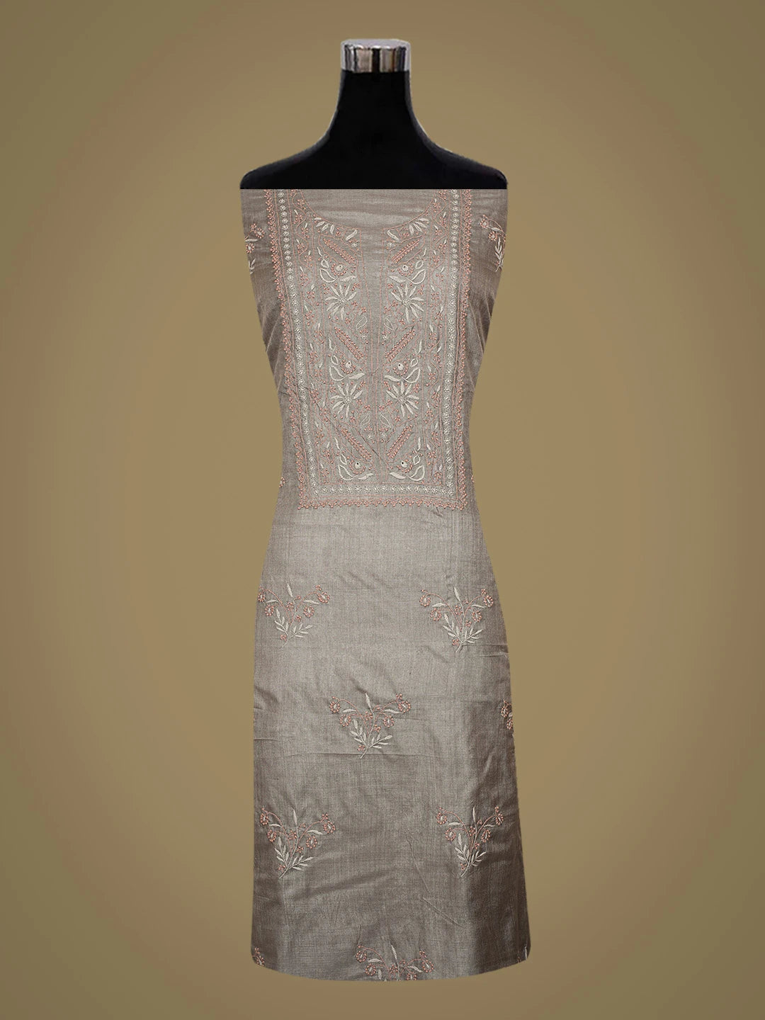 Ada Hand Embroidered Dim Gray Chanderi Lucknowi Chikankari Unstitched Kurta Dupatta Set 01A729206