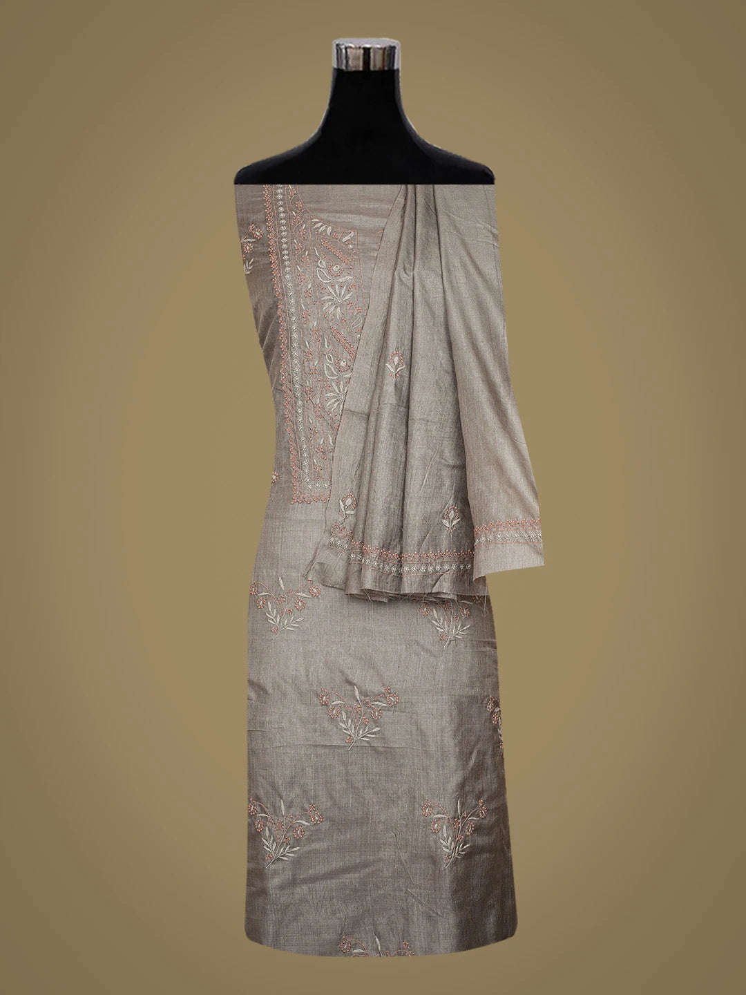Ada Hand Embroidered Dim Gray Chanderi Lucknowi Chikankari Unstitched Kurta Dupatta Set 01A729206