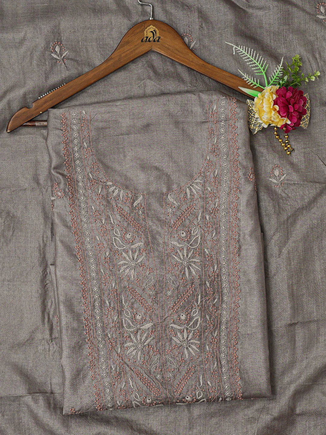Ada Hand Embroidered Dim Gray Chanderi Lucknowi Chikankari Unstitched Kurta Dupatta Set 01A729206