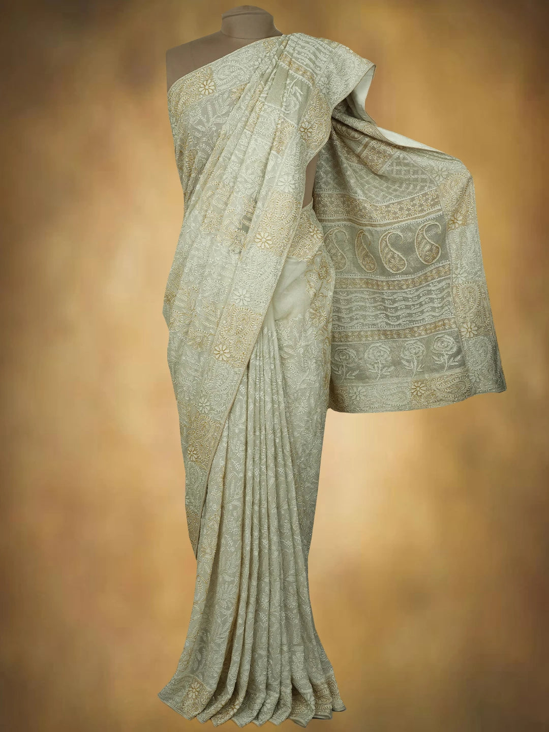 Ada Hand Embroidered Off White Pure Georgette Lucknowi Chikankari Saree and Blouse With Cutdana Work 01A559284