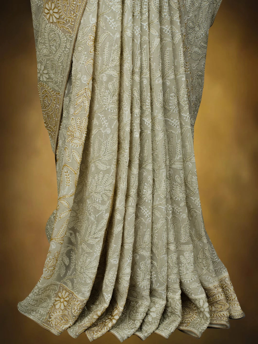 Ada Hand Embroidered Off White Pure Georgette Lucknowi Chikankari Saree and Blouse With Cutdana Work 01A559284