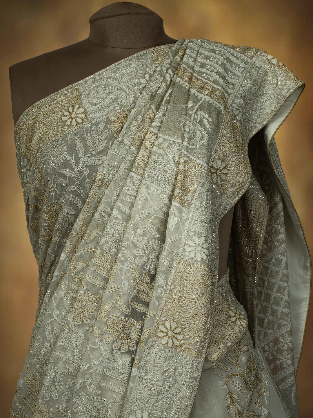 Ada Hand Embroidered Off White Pure Georgette Lucknowi Chikankari Saree and Blouse With Cutdana Work 01A559284