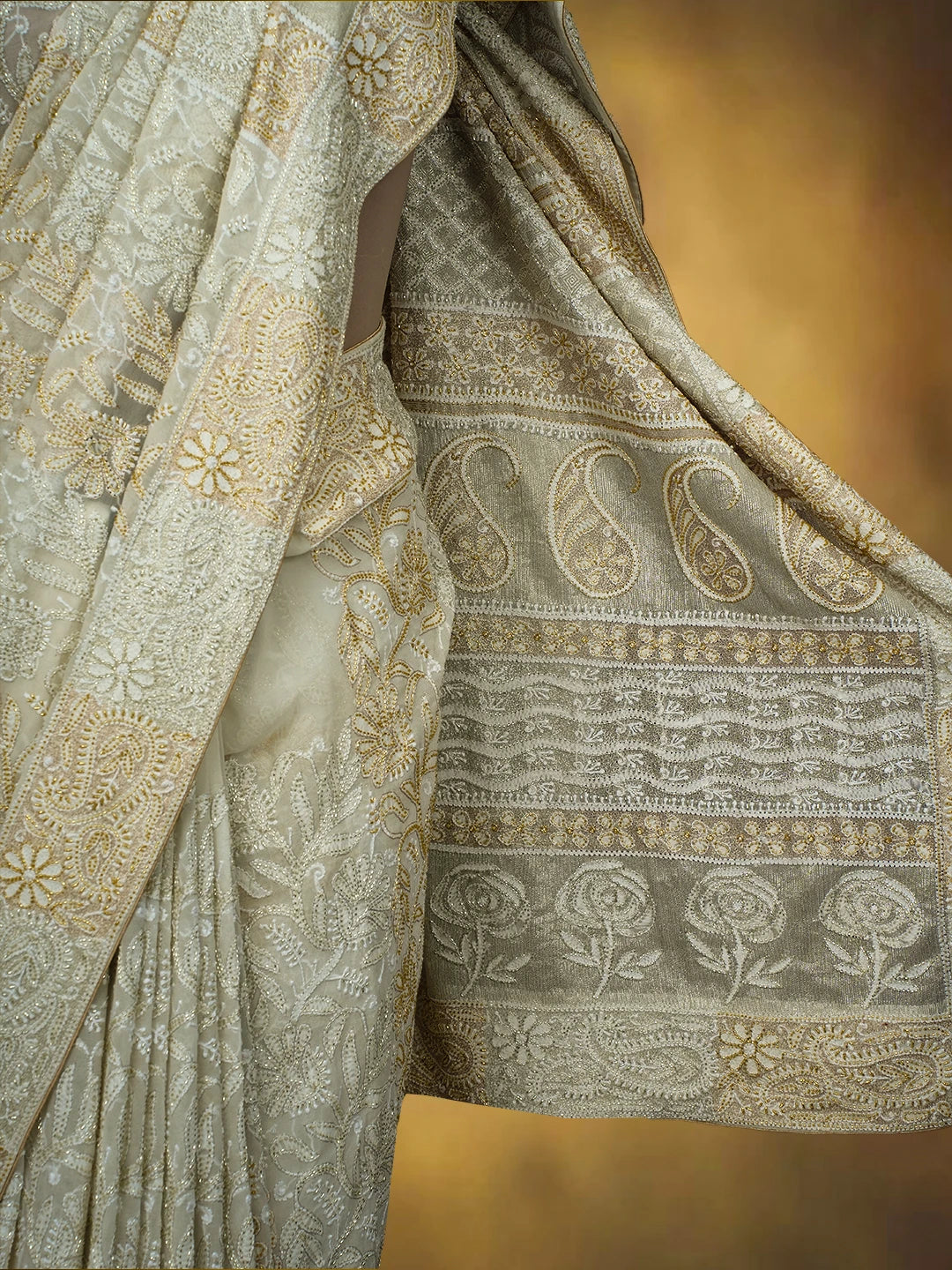 Ada Hand Embroidered Off White Pure Georgette Lucknowi Chikankari Saree and Blouse With Cutdana Work 01A559284