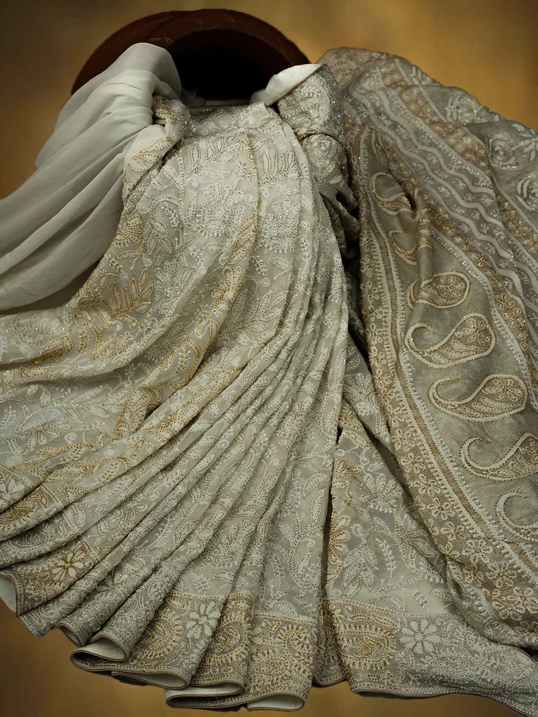 Ada Hand Embroidered Off White Pure Georgette Lucknowi Chikankari Saree and Blouse With Cutdana Work 01A559284
