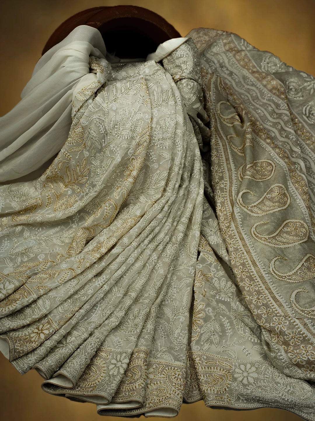 Ada Hand Embroidered Off White Pure Georgette Lucknowi Chikankari Saree and Blouse With Cutdana Work 01A559284