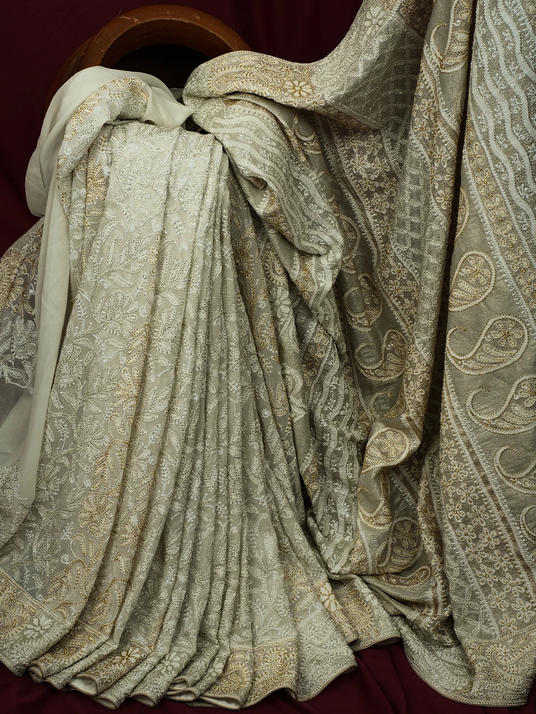 Ada Hand Embroidered Off White Pure Georgette Lucknowi Chikankari Saree and Blouse With Cutdana Work 01A559284