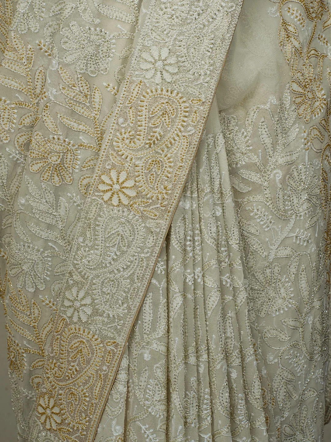 Ada Hand Embroidered Off White Pure Georgette Lucknowi Chikankari Saree and Blouse With Cutdana Work 01A559284