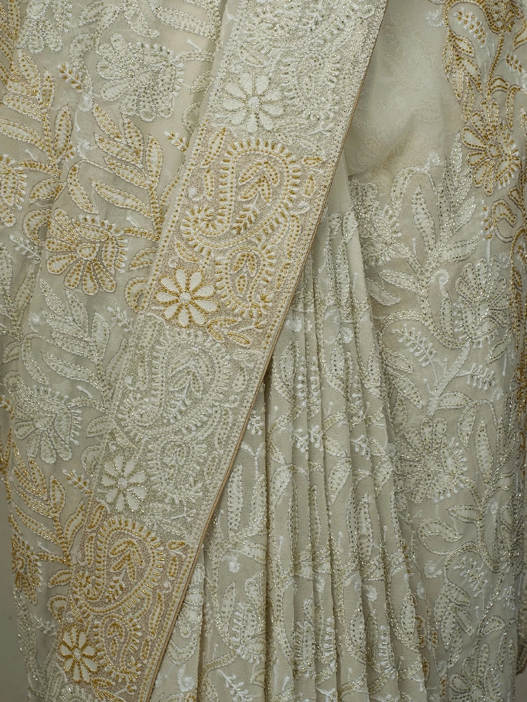 Ada Hand Embroidered Off White Pure Georgette Lucknowi Chikankari Saree and Blouse With Cutdana Work 01A559284