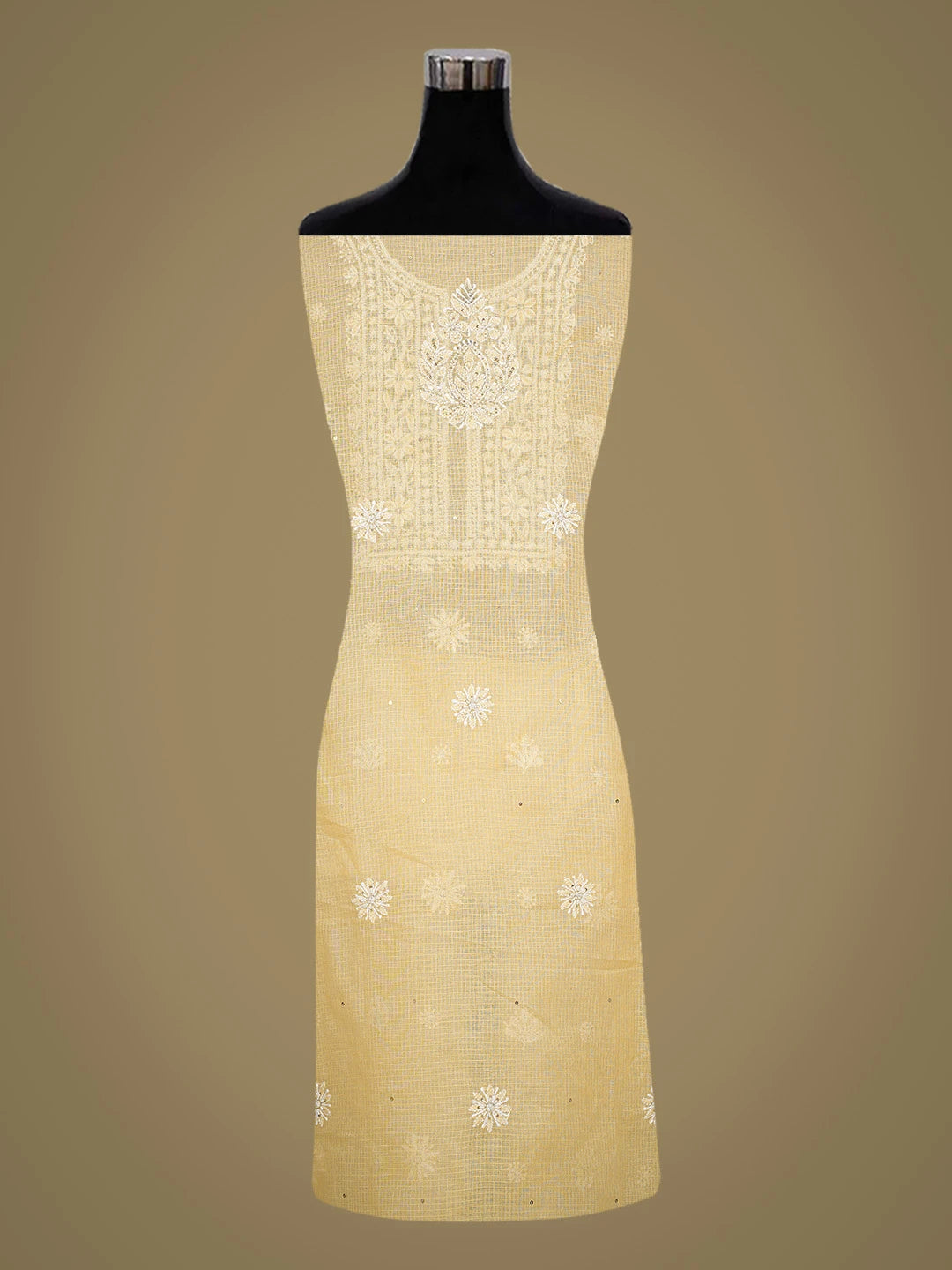 Ada Hand Embroidered Creamy Yellow Kota Lucknowi Chikankari Unstitched Kurta Dupatta Set with Sequinned Work 01A548936