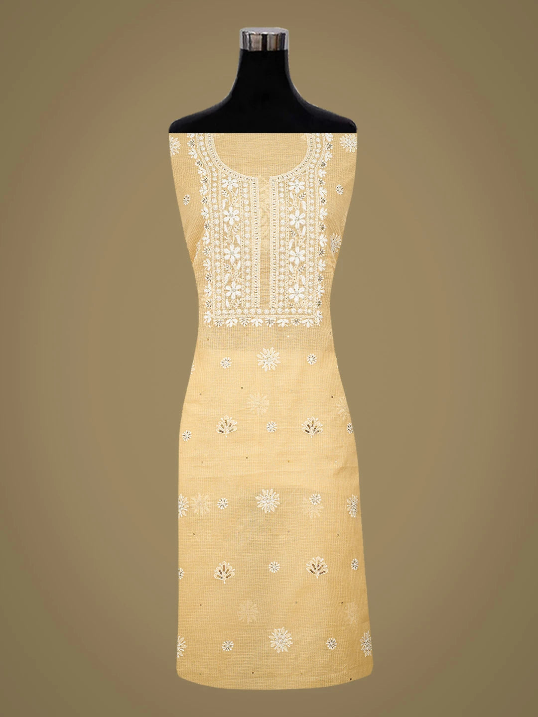 Ada Hand Embroidered Creamy Yellow Kota Lucknowi Chikankari Unstitched Kurta Dupatta Set with Sequinned Work 01A548936