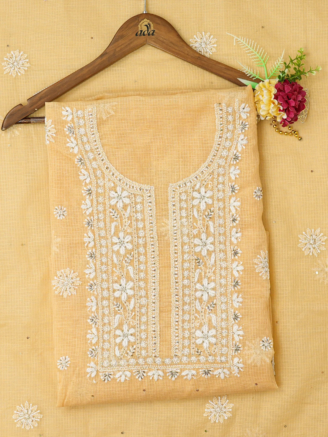 Ada Hand Embroidered Creamy Yellow Kota Lucknowi Chikankari Unstitched Kurta Dupatta Set with Sequinned Work 01A548936
