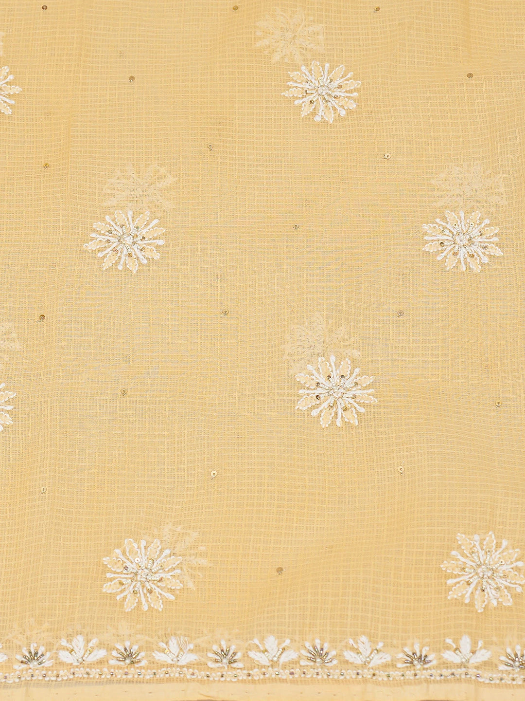 Ada Hand Embroidered Creamy Yellow Kota Lucknowi Chikankari Unstitched Kurta Dupatta Set with Sequinned Work 01A548936