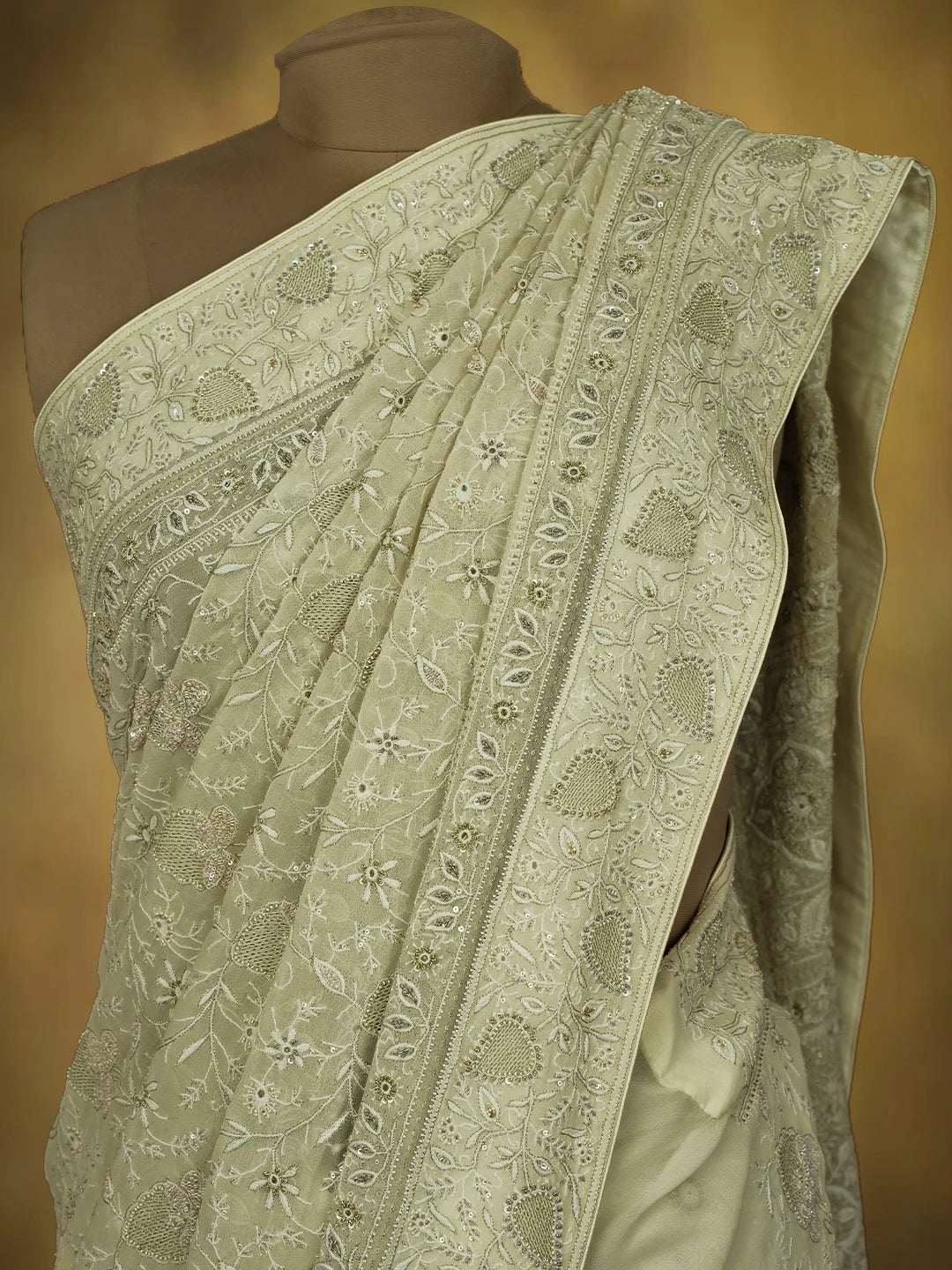 Ada Hand Embroidered Off White Pure Georgette Lucknowi Chikankari Saree and Blouse With Sequins Work 01A412642