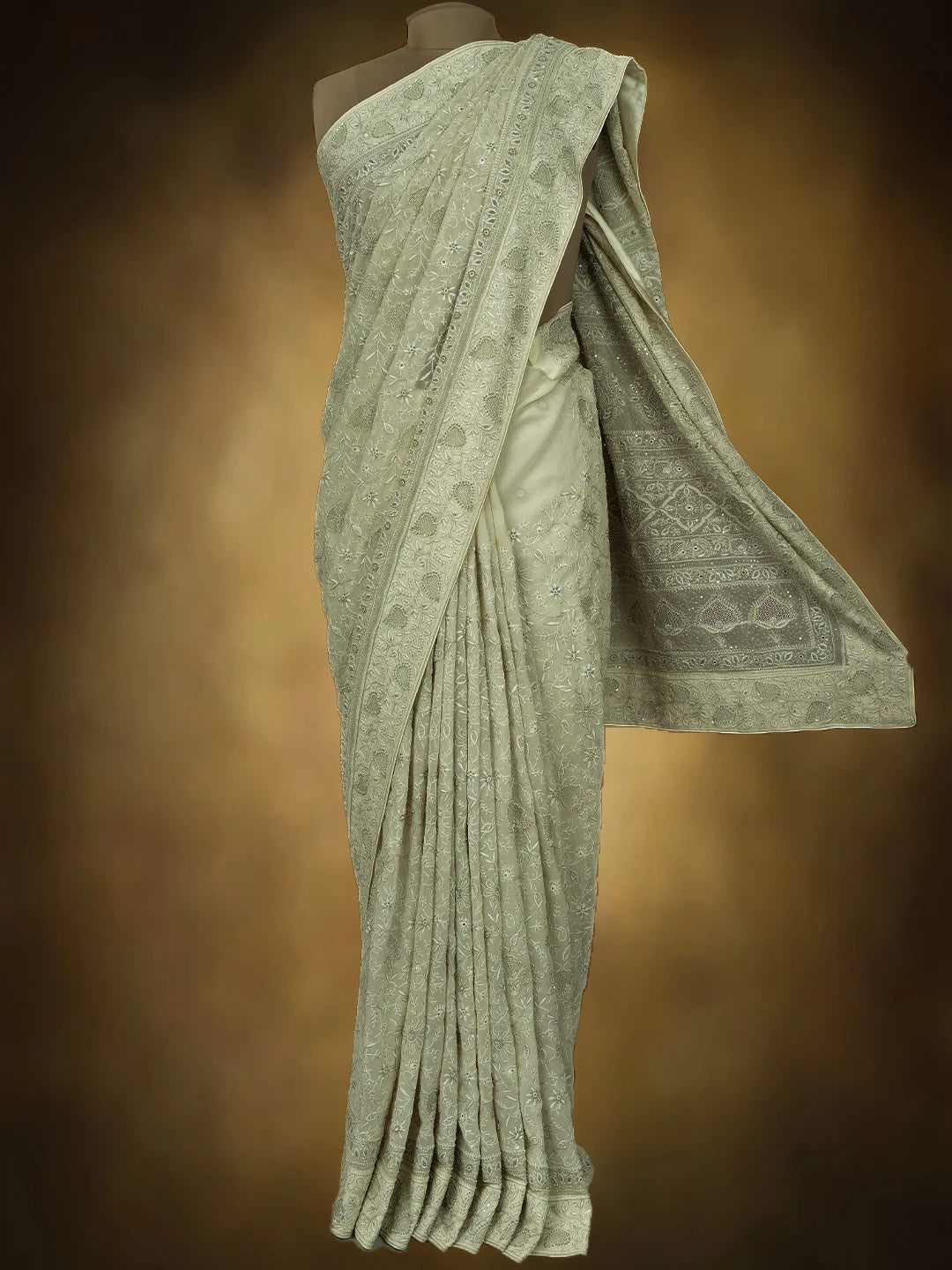 Ada Hand Embroidered Off White Pure Georgette Lucknowi Chikankari Saree and Blouse With Sequins Work 01A412642
