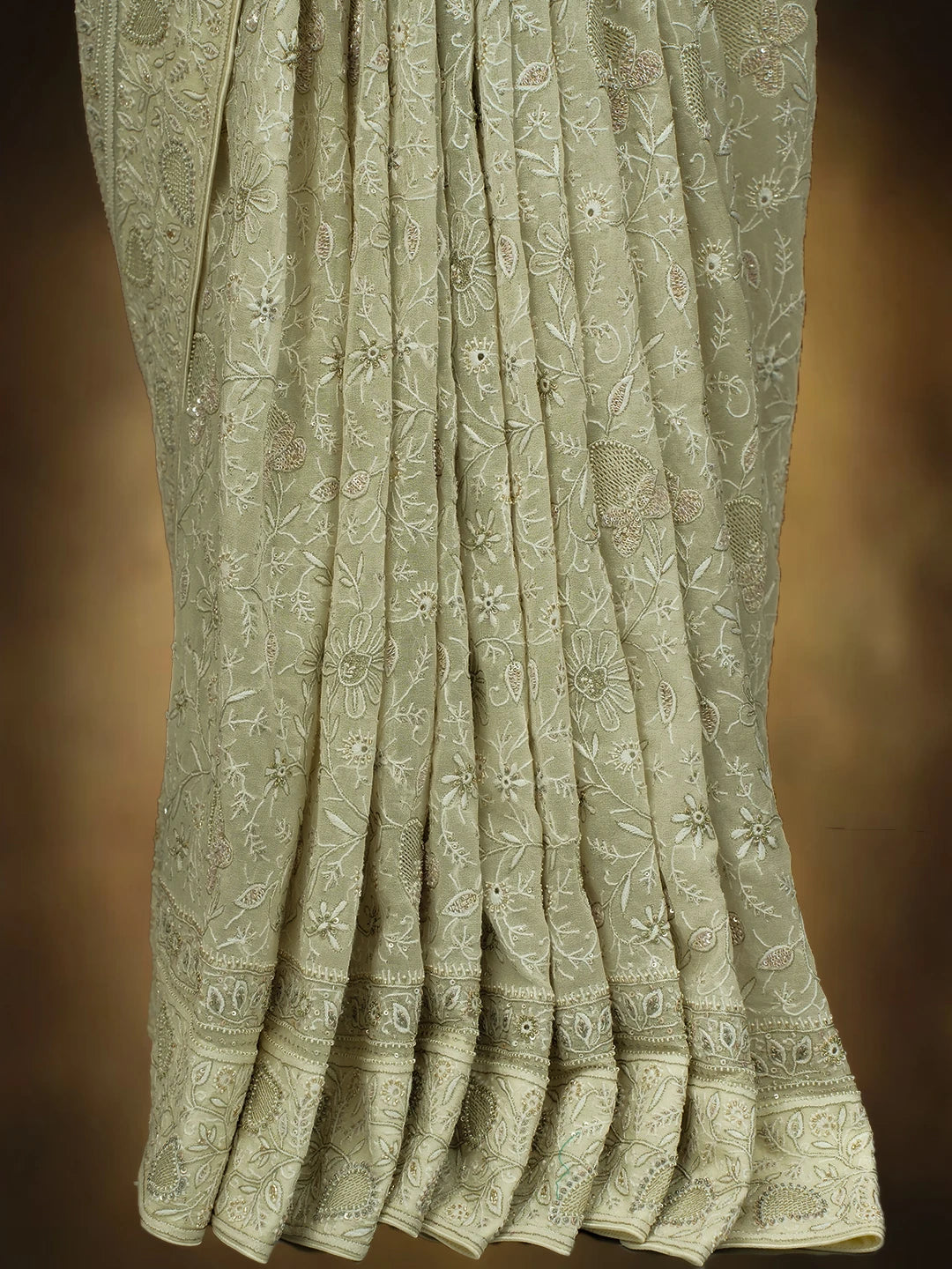 Ada Hand Embroidered Off White Pure Georgette Lucknowi Chikankari Saree and Blouse With Sequins Work 01A412642