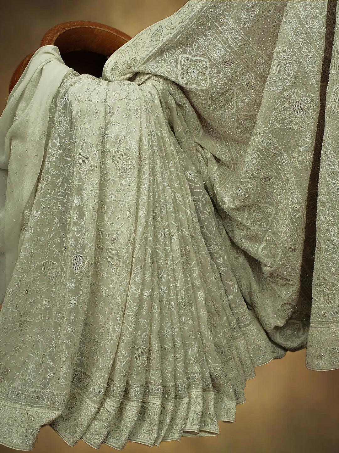 Ada Hand Embroidered Off White Pure Georgette Lucknowi Chikankari Saree and Blouse With Sequins Work 01A412642