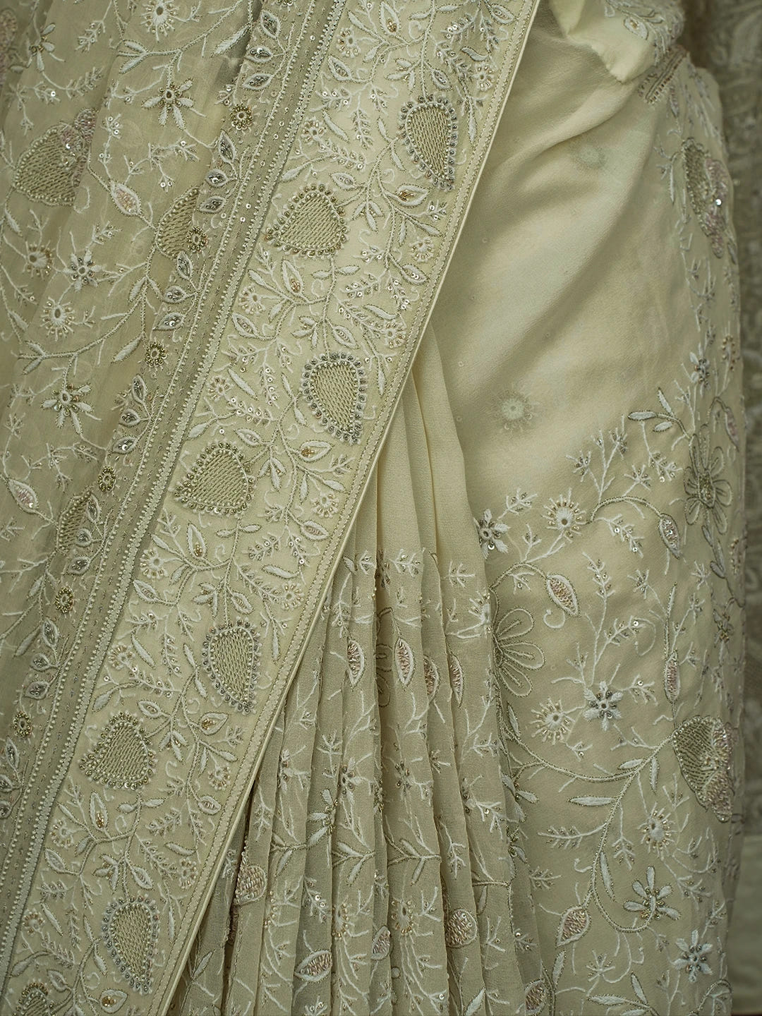 Ada Hand Embroidered Off White Pure Georgette Lucknowi Chikankari Saree and Blouse With Sequins Work 01A412642