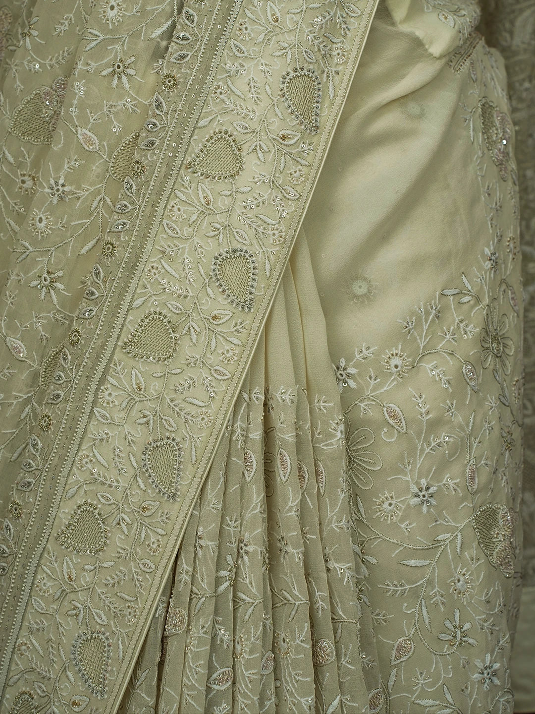 Ada Hand Embroidered Off White Pure Georgette Lucknowi Chikankari Saree and Blouse With Sequins Work 01A412642
