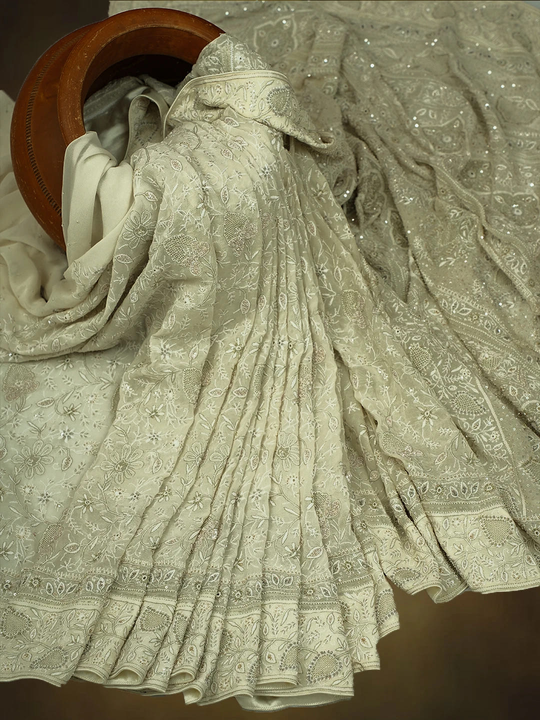 Ada Hand Embroidered Off White Pure Georgette Lucknowi Chikankari Saree and Blouse With Sequins Work 01A412642