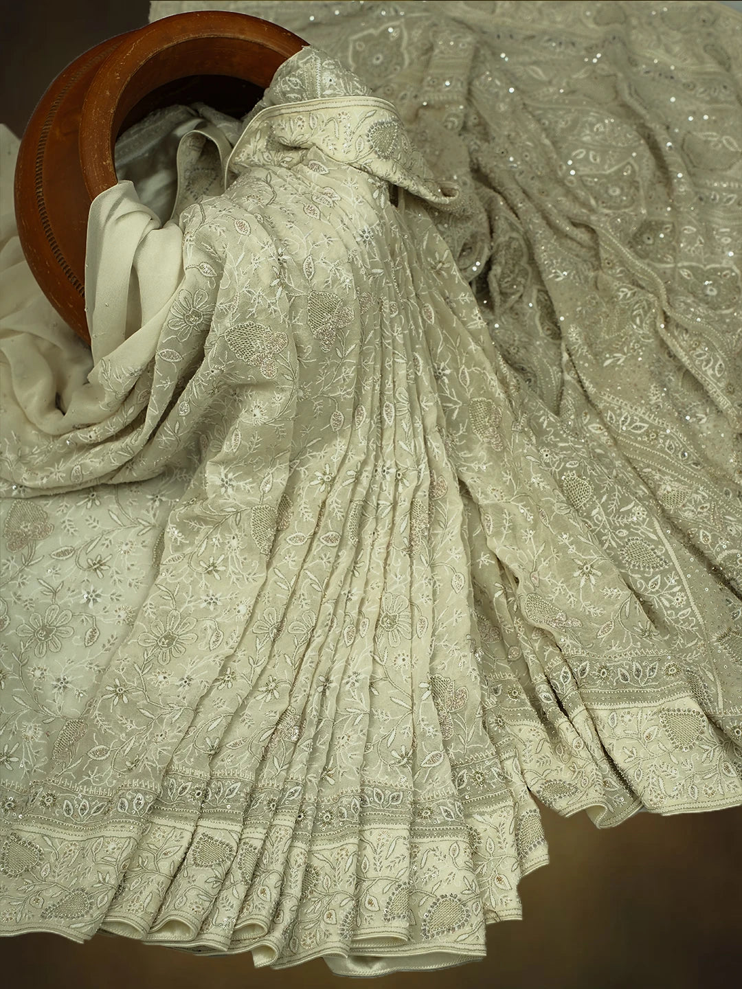 Ada Hand Embroidered Off White Pure Georgette Lucknowi Chikankari Saree and Blouse With Sequins Work 01A412642