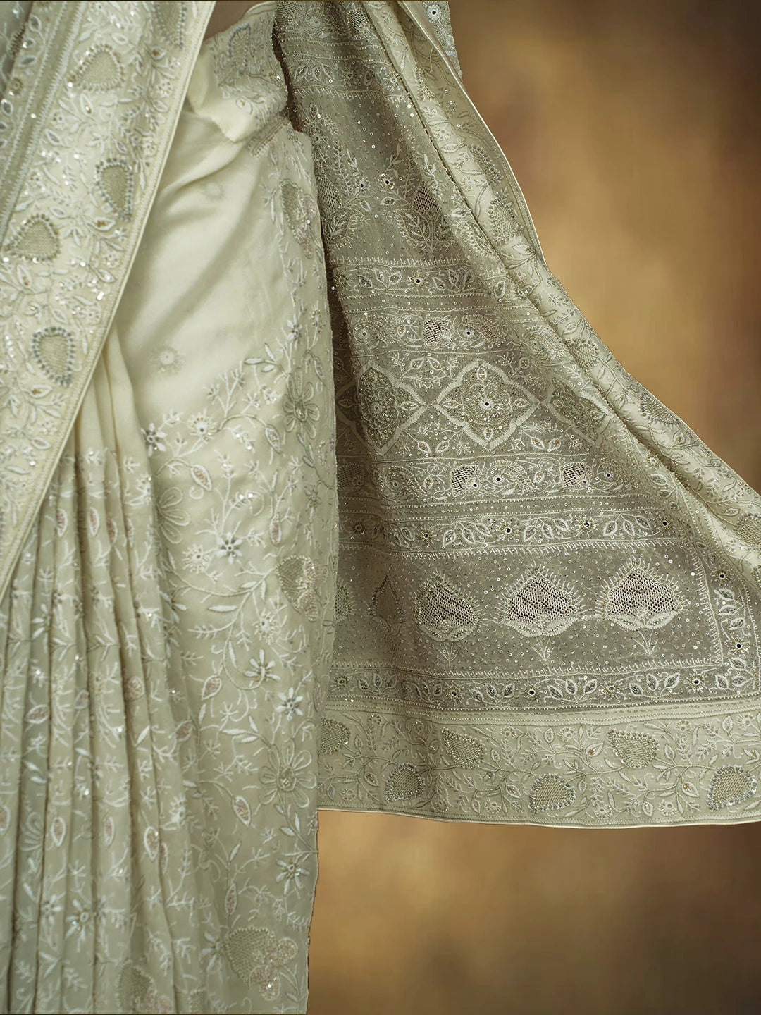 Ada Hand Embroidered Off White Pure Georgette Lucknowi Chikankari Saree and Blouse With Sequins Work 01A412642