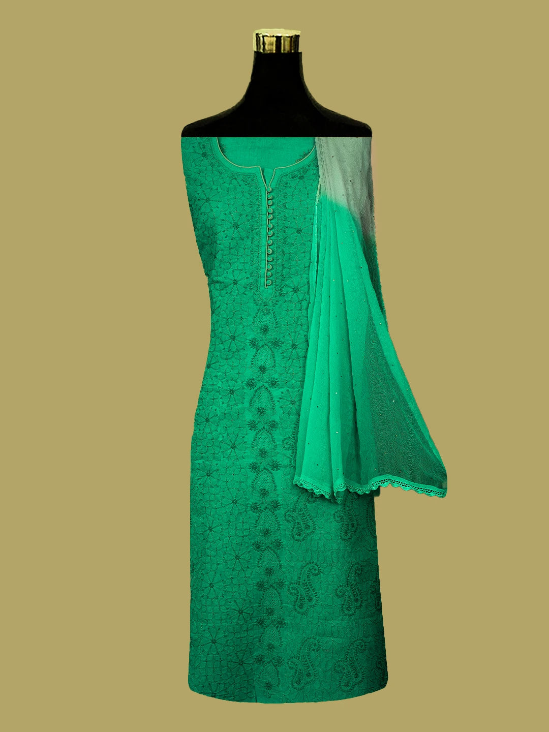 Ada Hand Embroidered Rama Green Cotton Lucknowi Chikankari Unstitched Suit Piece 01A723542