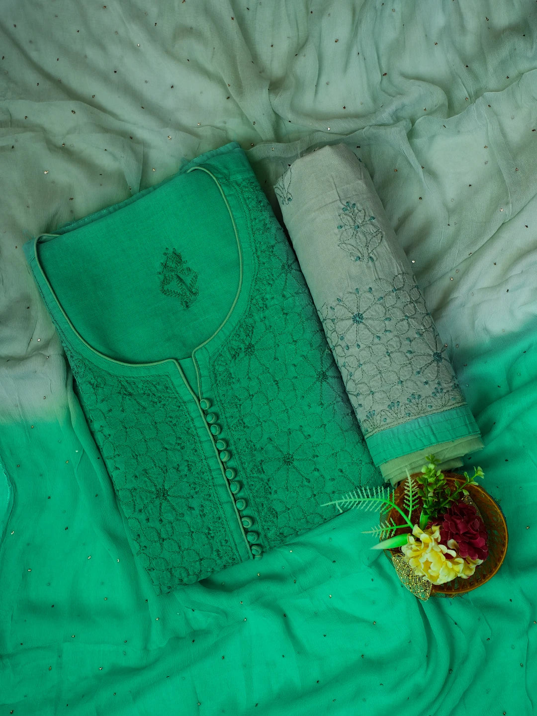 Ada Hand Embroidered Rama Green Cotton Lucknowi Chikankari Unstitched Suit Piece 01A723542
